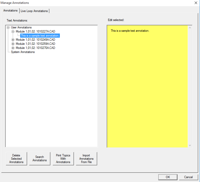 Managing live loop and text annotations in the Annotation Manager